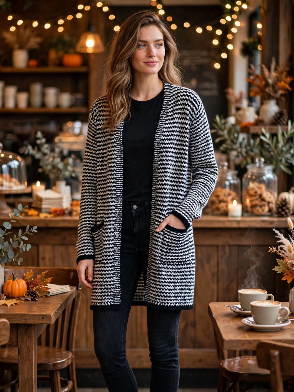 Nine West Houndstooth Duster Cardigan - Black White Open Front Long Knit Sweater